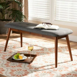 Brand new 💯 Carson Carrington Ulfshult Mid-century Modern Fabric Dining Bench Gray And Oak Brown 🛒
