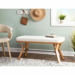 Outlet 😉 Carson Carrington Sala Upholstered Bench Cream Fabric & Walnut Wood 💯