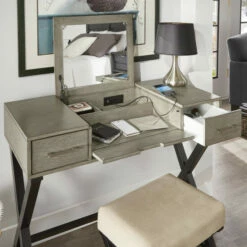 Best Sale 🎁 Carson Carrington Flip Mirror Vanity Set With Stool And Power Strip Grey 👏 -Carson Carrington Sales unnamed file 4096