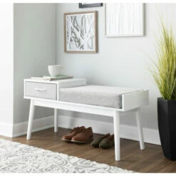 Budget ๐ Carson Carrington Phoebe Upholstered Bench With Pull-Out Drawer Natural Wood & Grey Fabric โ