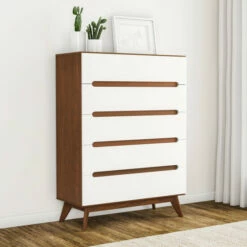 Budget 🎉 Carson Carrington Sundsvall Mid-century White And Walnut 5-drawer Chest 😍