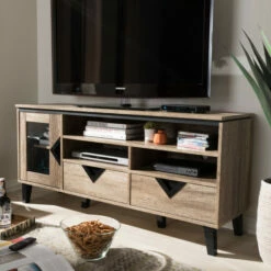 Outlet 😀 Carson Carrington Faaborg Light Brown Wood 2-Drawer 55-Inch TV Stand 👍