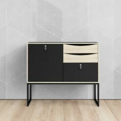 New 🌟 Carson Carrington Stubbe Black Matte And Oak Structure 1-Door Sideboard With 3-Drawers 🎁