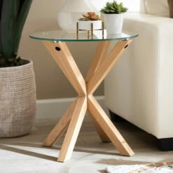 Promo 👍 Carson Carrington Bakaroby Glass And Wood Finished End Table 🤩