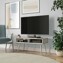 Promo 🥰 Carson Carrington Shorewood Mid Century Modern Wood TV Stand With Shelves Grey Finish ⌛