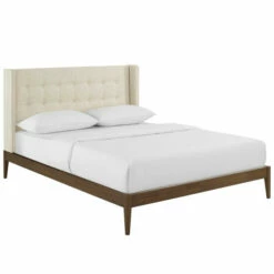 Promo ⭐ Carson Carrington Roldal Polyester Fabric Platform Bed Beige ✨