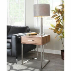 Outlet 🎉 Carson Carrington Siuntio Roman Contemporary Walnut Wood And Stainless Steel End Table With Drawer ✔️