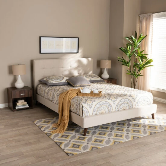 Brand new 🔥 Carson Carrington Uggyallen Mid-century Fabric Bed With 2 Nightstands Beige ⌛ 3 Brand new 🔥 Carson Carrington Uggyallen Mid-century Fabric Bed With 2 Nightstands Beige ⌛