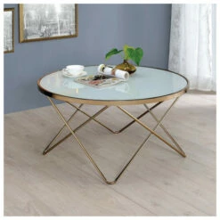 Wholesale โ Carson Carrington Ingolsbenning White Frosted Glass V-Shaped Metal Frame Round Coffee Table โญ